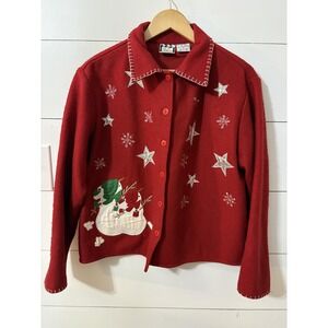 Take Two Jacket Womens Medium Red Wool Blend Christmas Snowman Stars Winter Cute